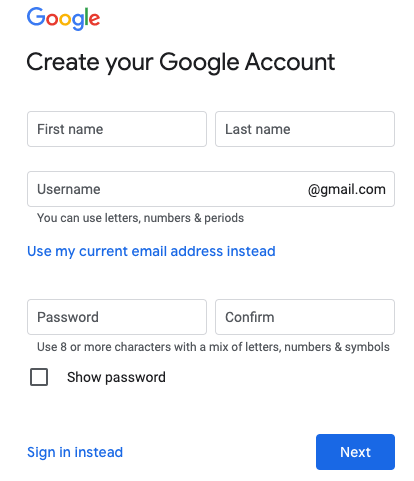 Create your Google Account Screen