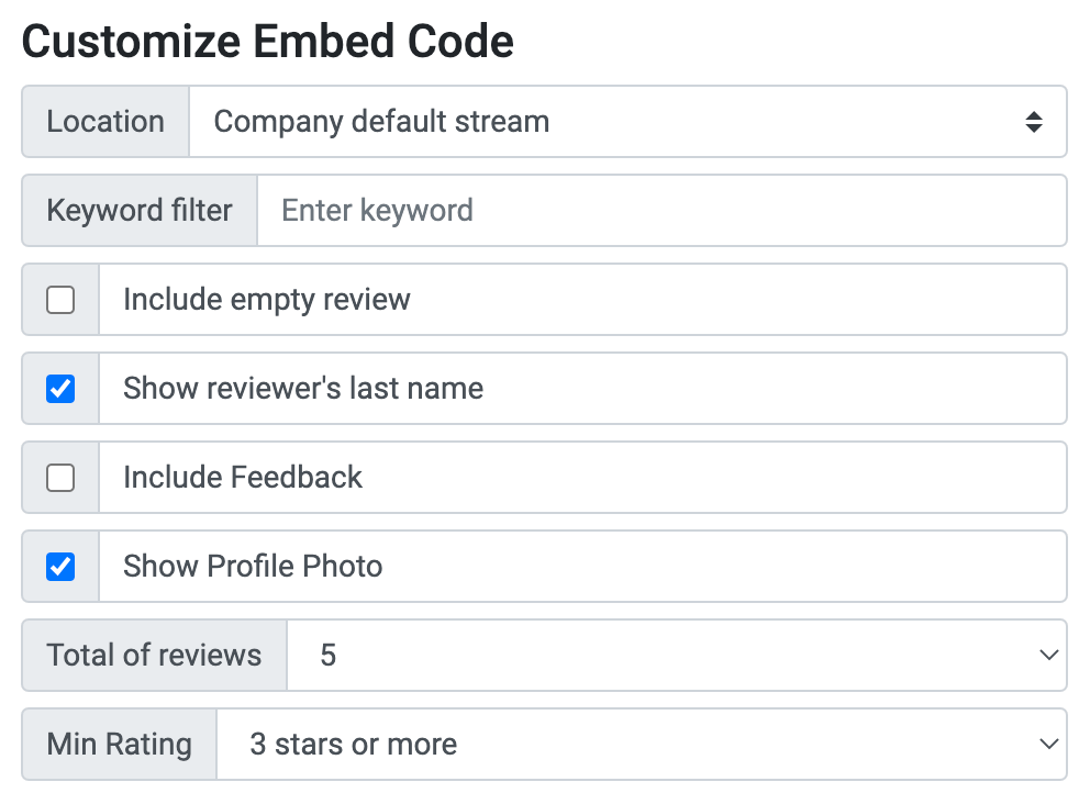 Customize Embed Code Settings