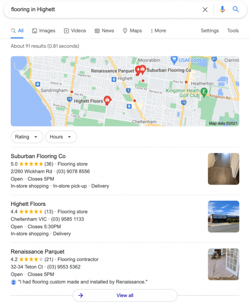 Example SERP - flooring in Highett