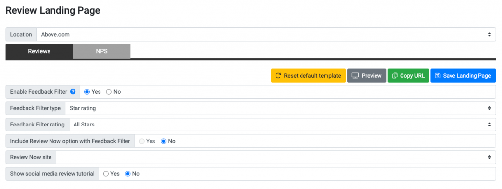 Reviews Landing Page Settings